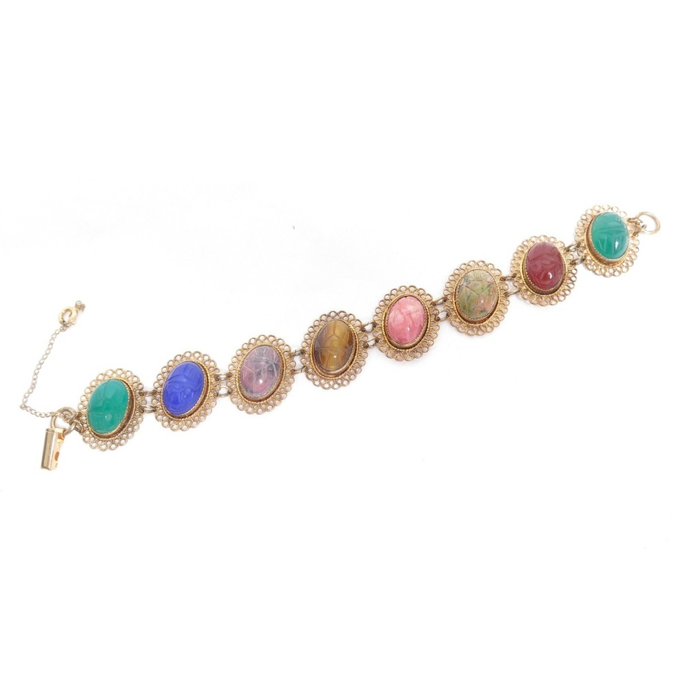 VINTAGE EGYPTIAN REVIVAL SCARAB BEETLE GEM BEAU STERLING GOLD‎ FILIGREE BRACELET